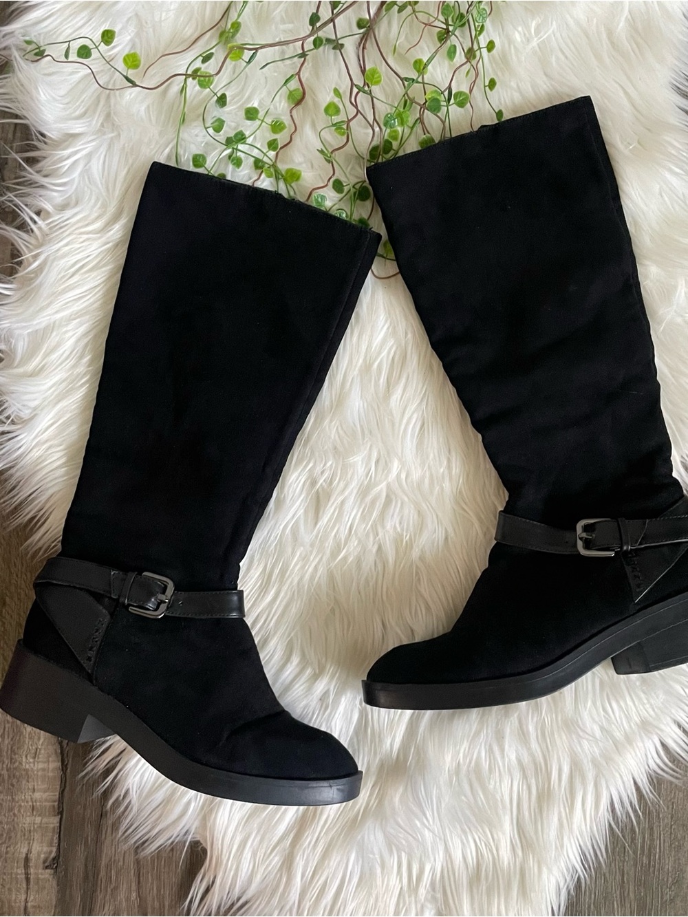 Zara Trafaluc Black Faux Suede Knee High Riding Boots Women Size 8 US 39 EU
